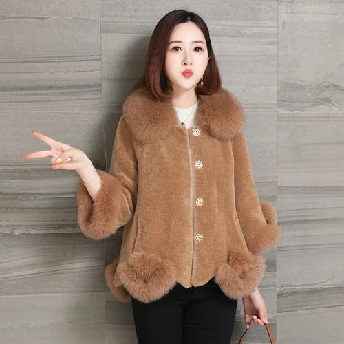 Women’s Sheep Shearling Grain Wool Fox Fur Short Winter Coats