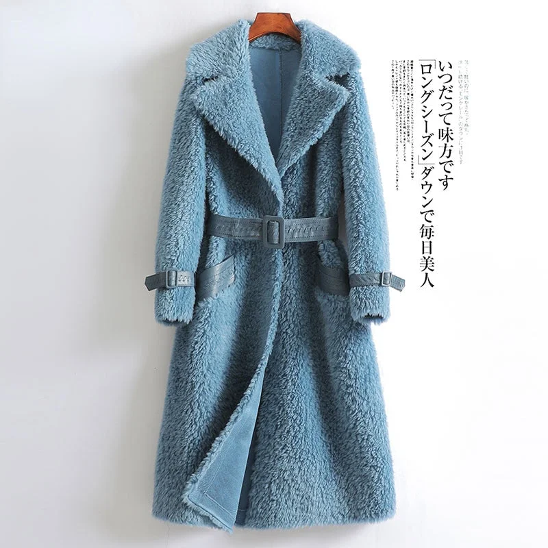 Women's 100% Wool Fur Grain Woven Lace-up Knitted Long Coats