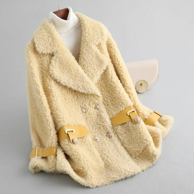 Women's Casual 100% Real Wool Shearling Jacket for Autumn and Winter