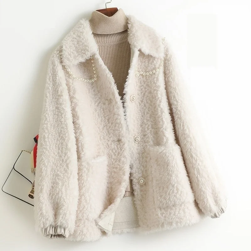 Women's Elegant 100% Wool Turn-down Collar Short Winter Fur Coat