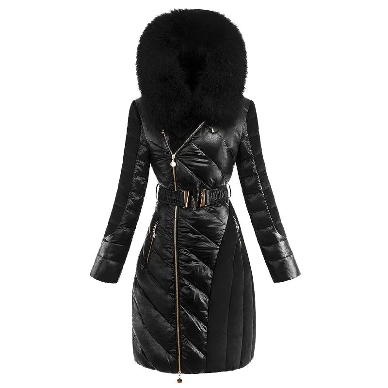 Women's Fashion Raccoon Fur Collar Thickened Medium Waist Down Coats