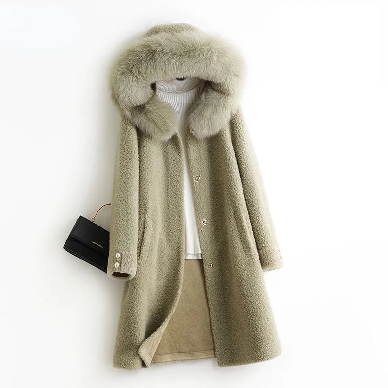 Women's Fox Fur Hooded Wool Wide-waisted Elegant Long Sleeve Coats