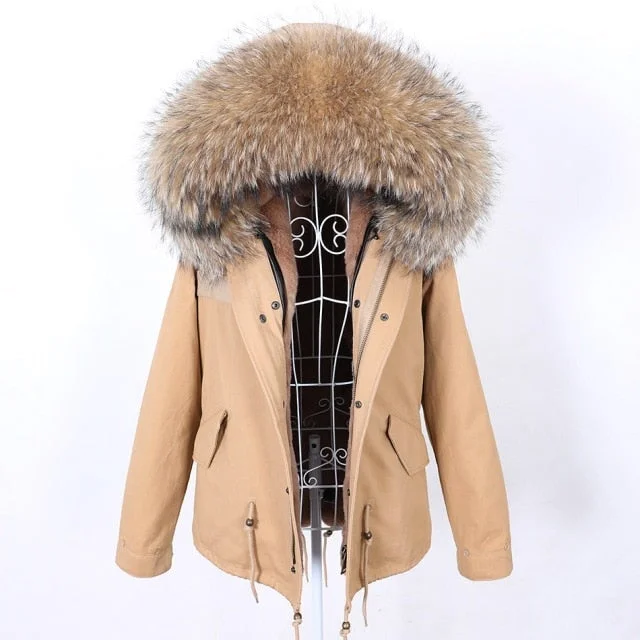 Women's Full-Sleeved Natural Raccoon Fur Collared Thick Warm Winter Jacket