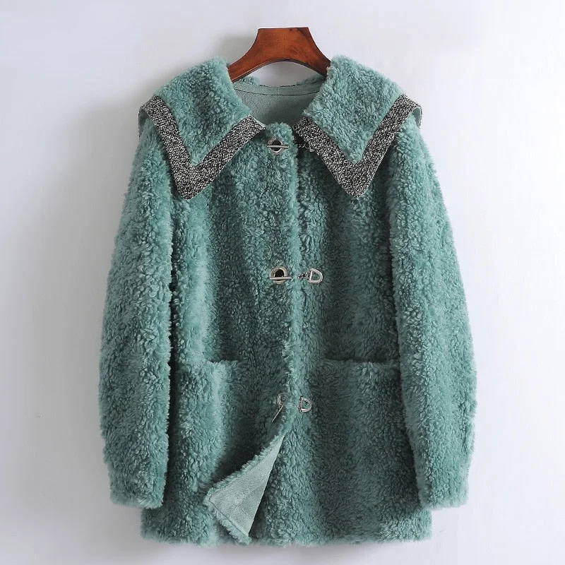 Women's Korean Fashion Real Wool Fur Long Sleeve Horn Button Jacket