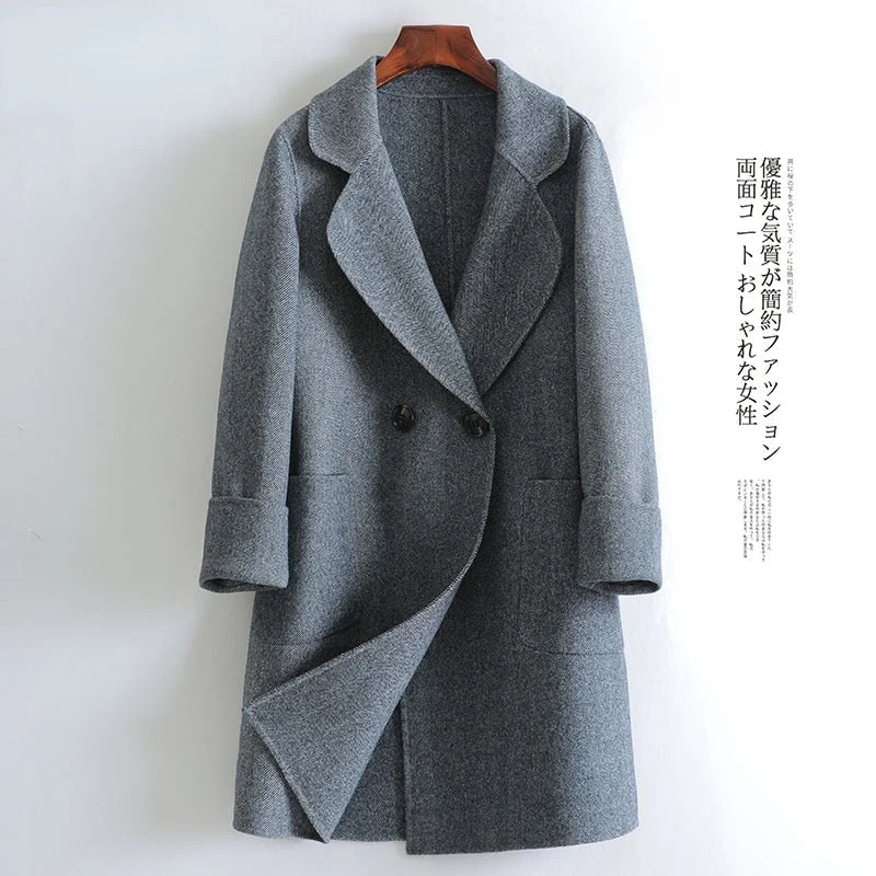 Women's Korean Fashion Wool Reversible Wide-waisted Long Jackets