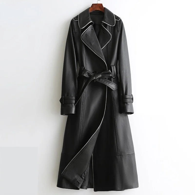 Women's Korean High Street Fashion Sheepskin Leather Long Trench Coats