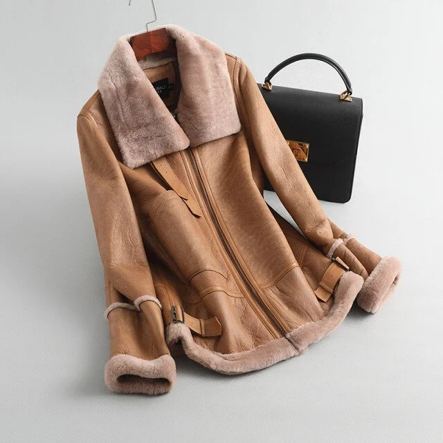 Women's Natural Fur Wide Waist Motorcycle Jacket for Autumn and Winter