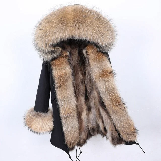 Women's Natural Raccoon Fur Collar and Sleeves Long Winter Jacket