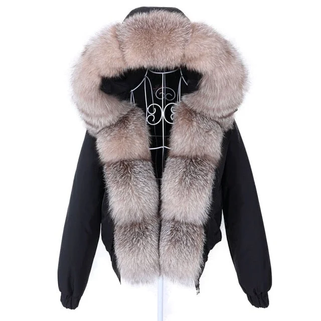 Women's Natural Raccoon Fur Collared Thick Winter Jacket in Black Color