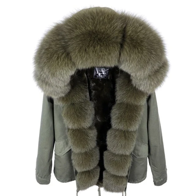 Women's Natural Raccoon Fur Collared Thick Winter Jacket in Slim Fit