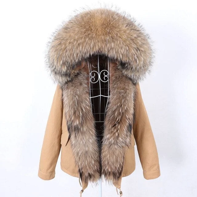 Women's Natural Raccoon Fur Collared Winter Jacket with Full Sleeves