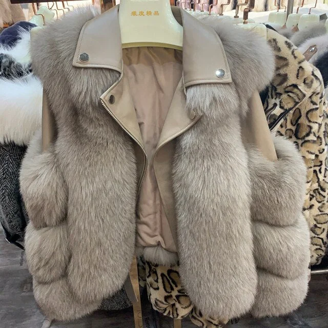 Women's Real Fox Fur Zipper Closed Winter Fashion Jacket Outerwear