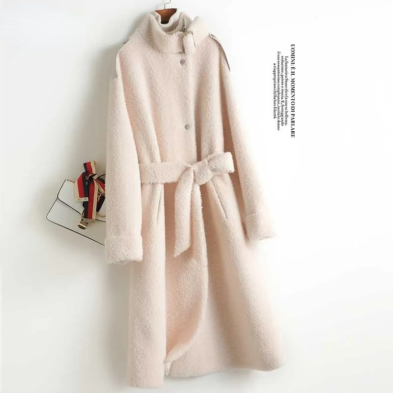 Women's Real Fur Shearling Wool Korean Fashion Lace-up Long Jacket