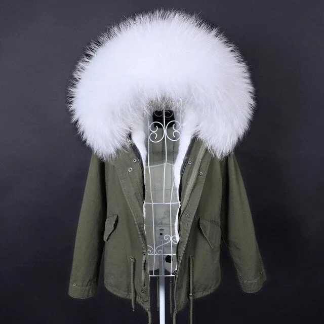 Women's Slim Fit Long Sleeved Winter Jacket with Natural Raccoon Fur Collar