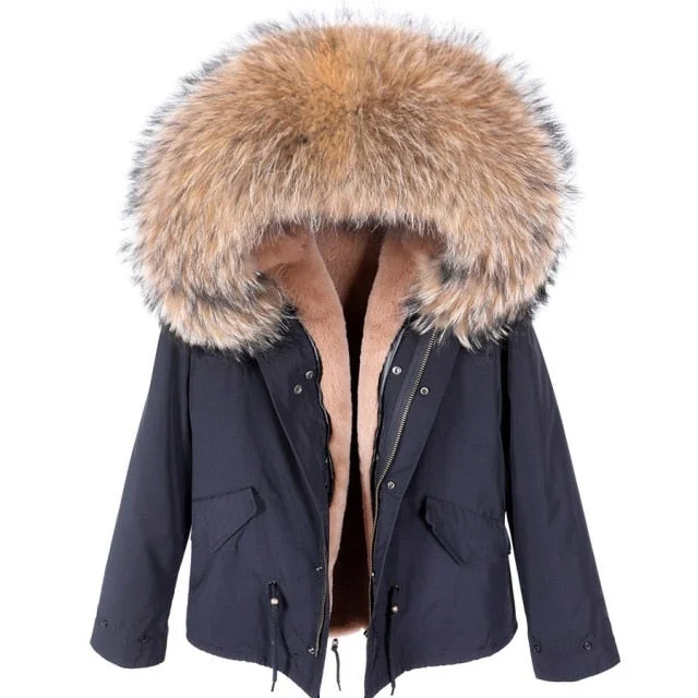 Women's Thick Warm Long-Sleeved Natural Raccoon Fur Collared Winter Jacket