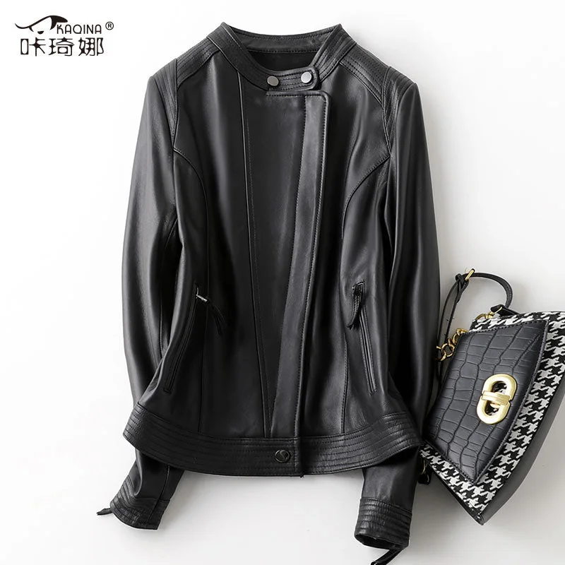 Women's Trendy Black Color Sheepskin Real Leather Short Jacket