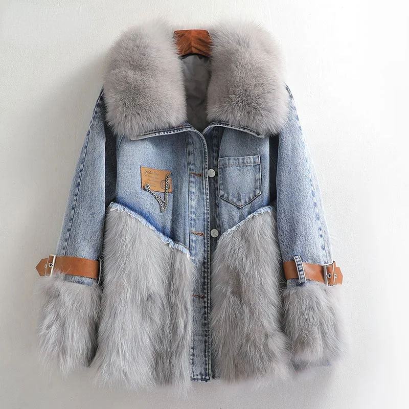 Women's Warm Winter Denim Fox Fur Collar Raccoon Fur Down Coats