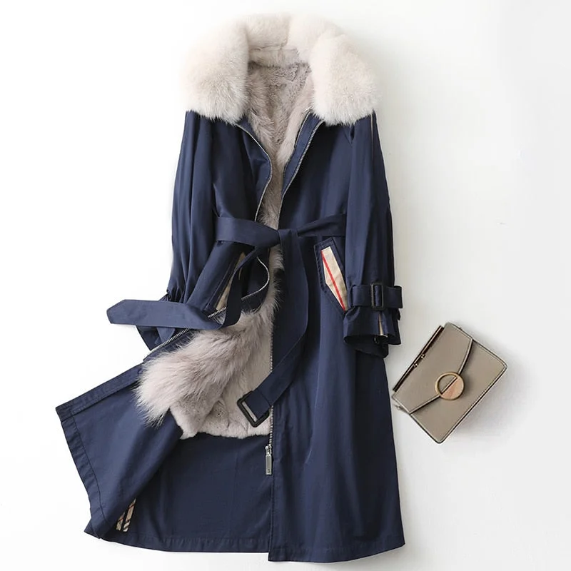 Women's Warm Winter Fashion Fox Fur Collar Rabbit Liner Fur Coats