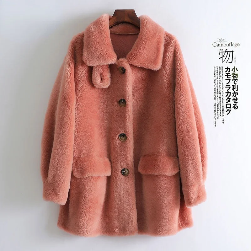 Women's Winter 100% Wool Fur Single Breasted Wide-waisted Short Coats