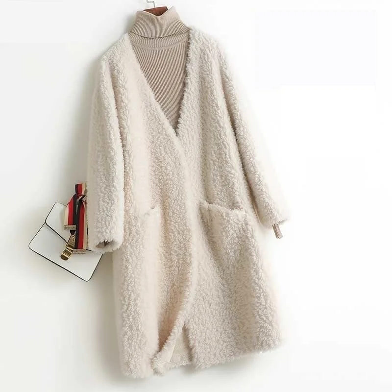 Women's Winter Deep V-neck Wool Fur Korean Long Casual Coats