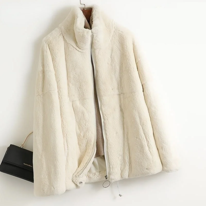 Women's Winter Fashion Rex Rabbit Fur Solid Color Warm Coats