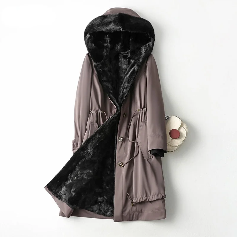 Women's Winter Korean Fashion Hooded Slim Mid-length Mink Coats