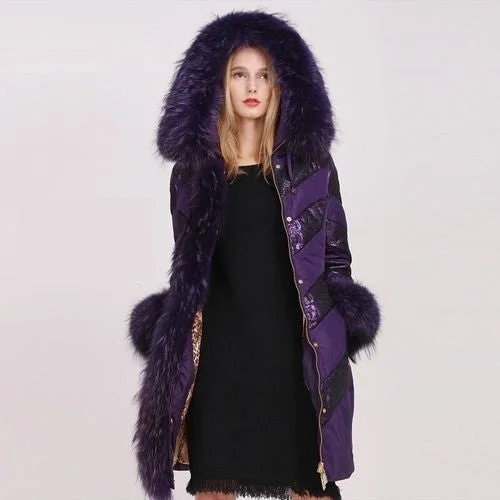 Women's Winter Luxury Raccoon Fur Collar Slim Medium Thick Down Coats