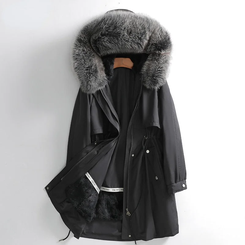 Women's Winter Real Fox Fur Mid-length Hooded Long Thick Warm Coat