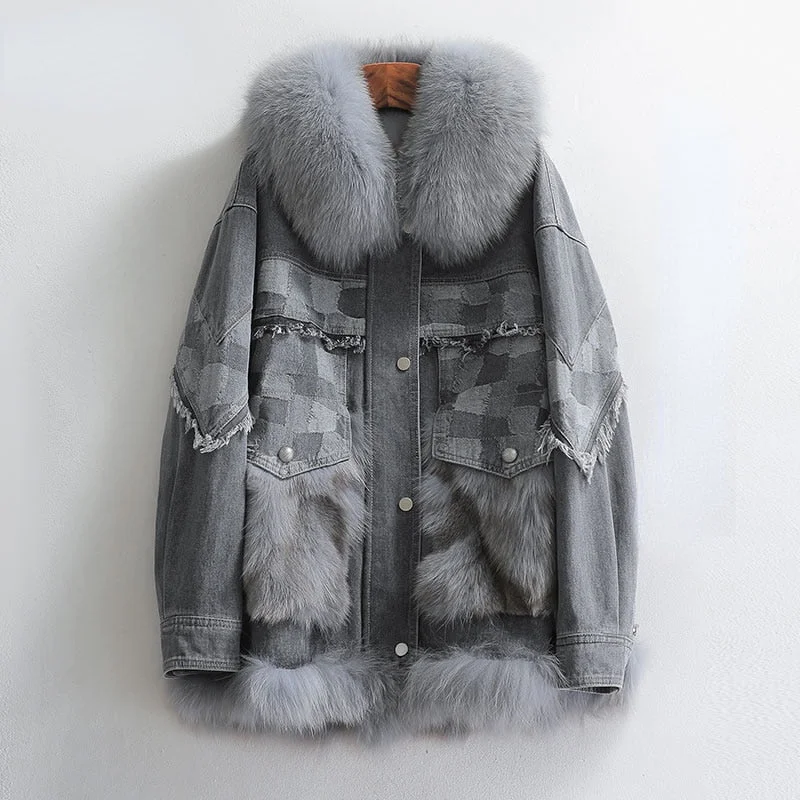 Women's Winter Warm Collar Denim Patchwork Fox Fur Short Coats