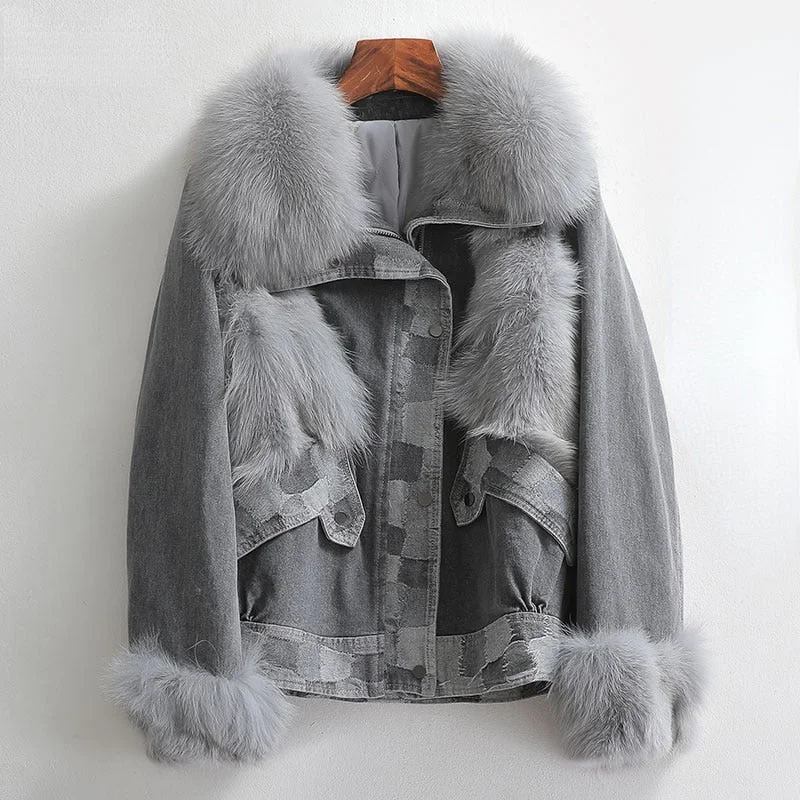 Women's Winter Warm Collar Patchwork Denim Short Fox Fur Coats