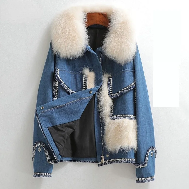 Women's Winter Warm Denim Fox Fur Collar Raccoon Fur Short Coat