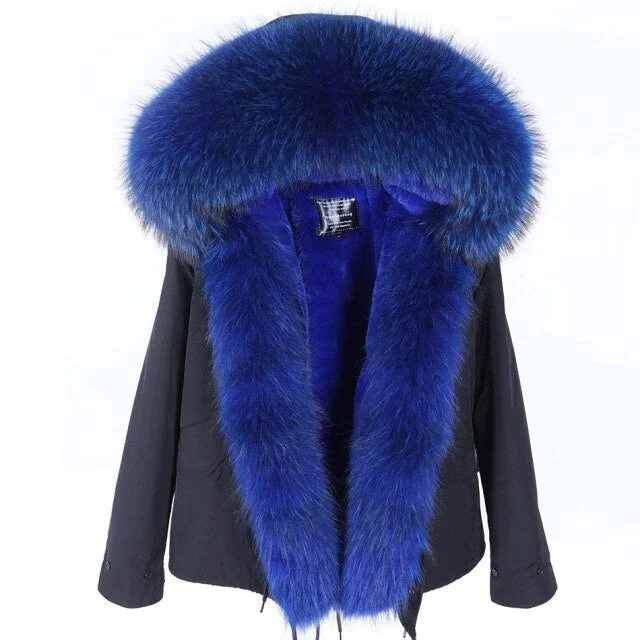 Women's Zipper Closed Natural Raccoon Fur Collared Thick Short Winter Jacket